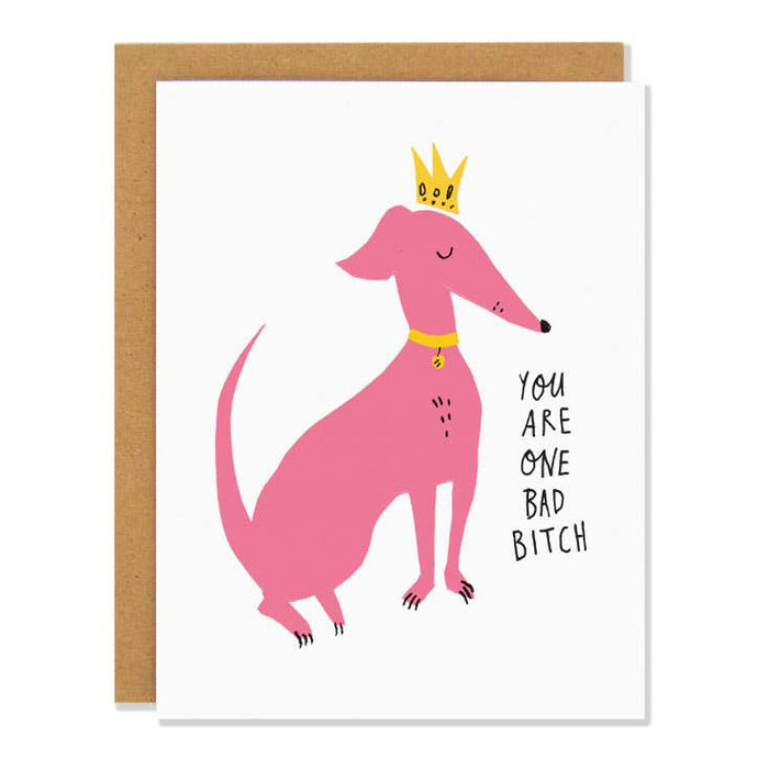 a colour illustration of a pink dog wearing a gold crown