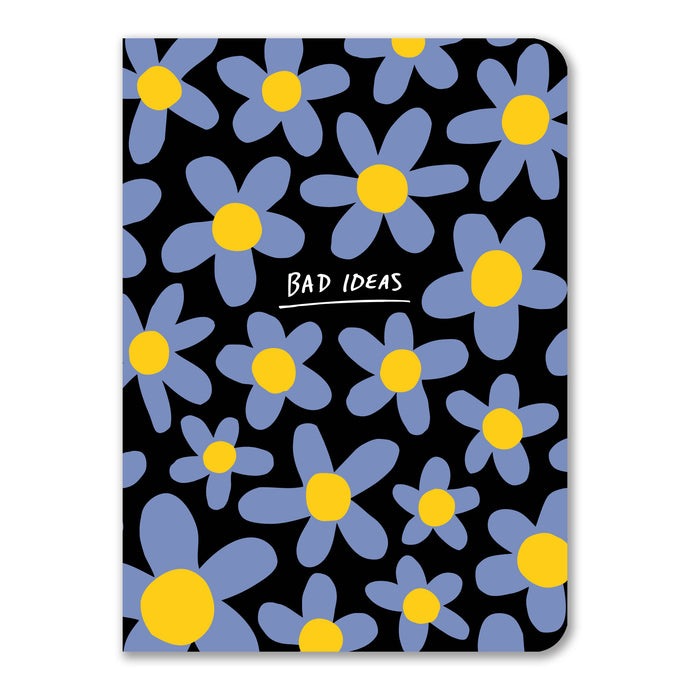 a colourful illustration of modern blue flowers with yellow buds on a black background with bad ideas written on the front 