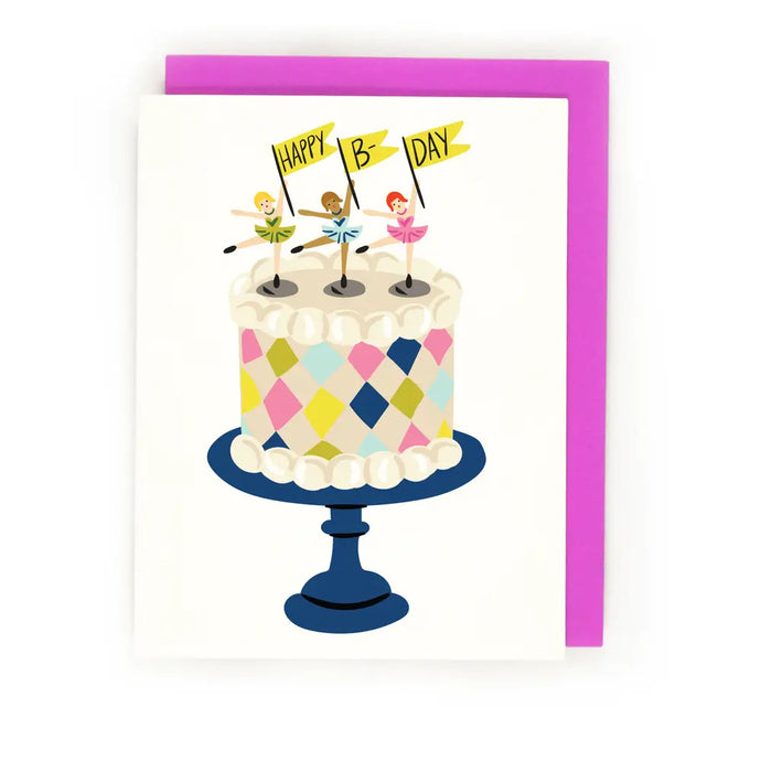 COLOUR ILLUSTRATION OF A BIRTHDAY CAKE WITH BALLERINA CANDLE HOLDERS VINTAGE ON TOP  TEXT HAPPT BIRTHDAY IS ON THE LITTLE FLAGS THE DANCERS ARE HOLDING 
