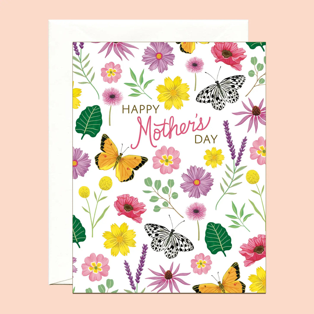 a greeting card with illustration of colourful butterflies and flowers with text. happy mothers day