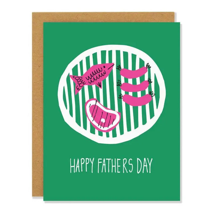 a green coloured card with a white coloured bbq grill will fish  steak and hot dogs on it. text happy father's day