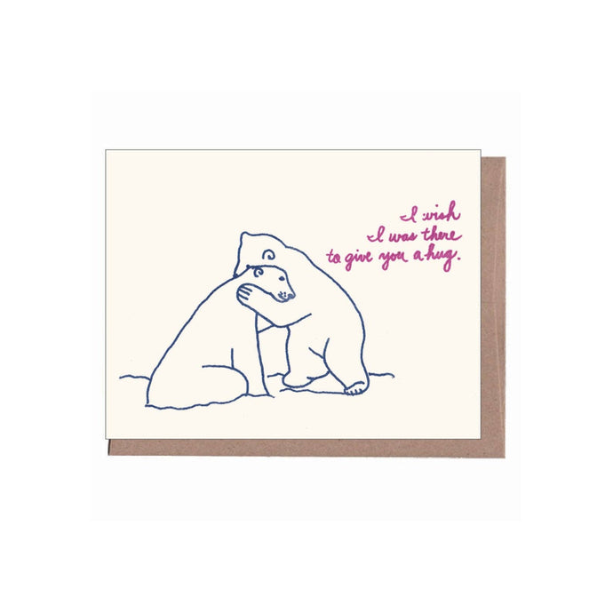 a pencil illustration of 2 white polar bears hugging with script I wish I was there to give you a hug in dark pink colour on white background with kraft envelope 