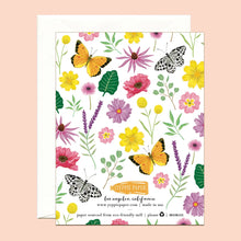 Load image into Gallery viewer, the reverse side of a mothers day greeting card with colour illustrations of flowers and butterflies. no text
