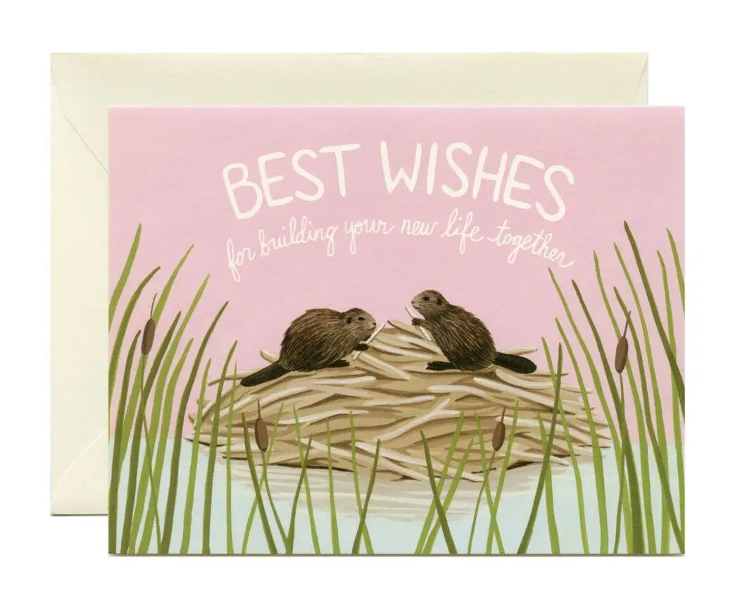 a colour illustration of a greeting card with two beavers on top of a damn with text best wishes for building your new life together 