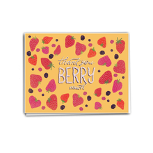 Load image into Gallery viewer, an illustration of many strawberries and rassberries sprinkled on a yellow gold back drop 
