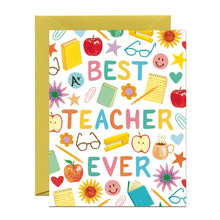 Load image into Gallery viewer, a greeting card with colour illustrations of apples, notepads, eyglasses, coffe cup, stars, paper clip and notebook with text best teacher ever 

