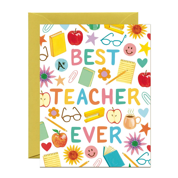 a greeting card with colour illustrations of apples, notepads, eyglasses, coffe cup, stars, paper clip and notebook with text best teacher ever 
