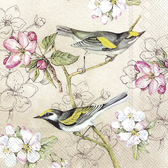 a pepr napkin with tow lovely yellow birds on a apple blossom branch