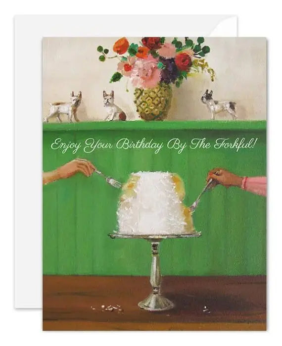 a greeting card with colour illustration of a white birthday cake with two hands and forks reaching in with a vase of flowers and little ornamental dogs on a shelf. very whimsical. text enjoy your birthday by the forkful 