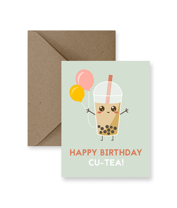 a greeting card with a cute illustration of a glass of bubble tea 
