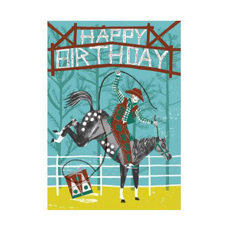 colour illustration of a cowboy riding a bucking horse 