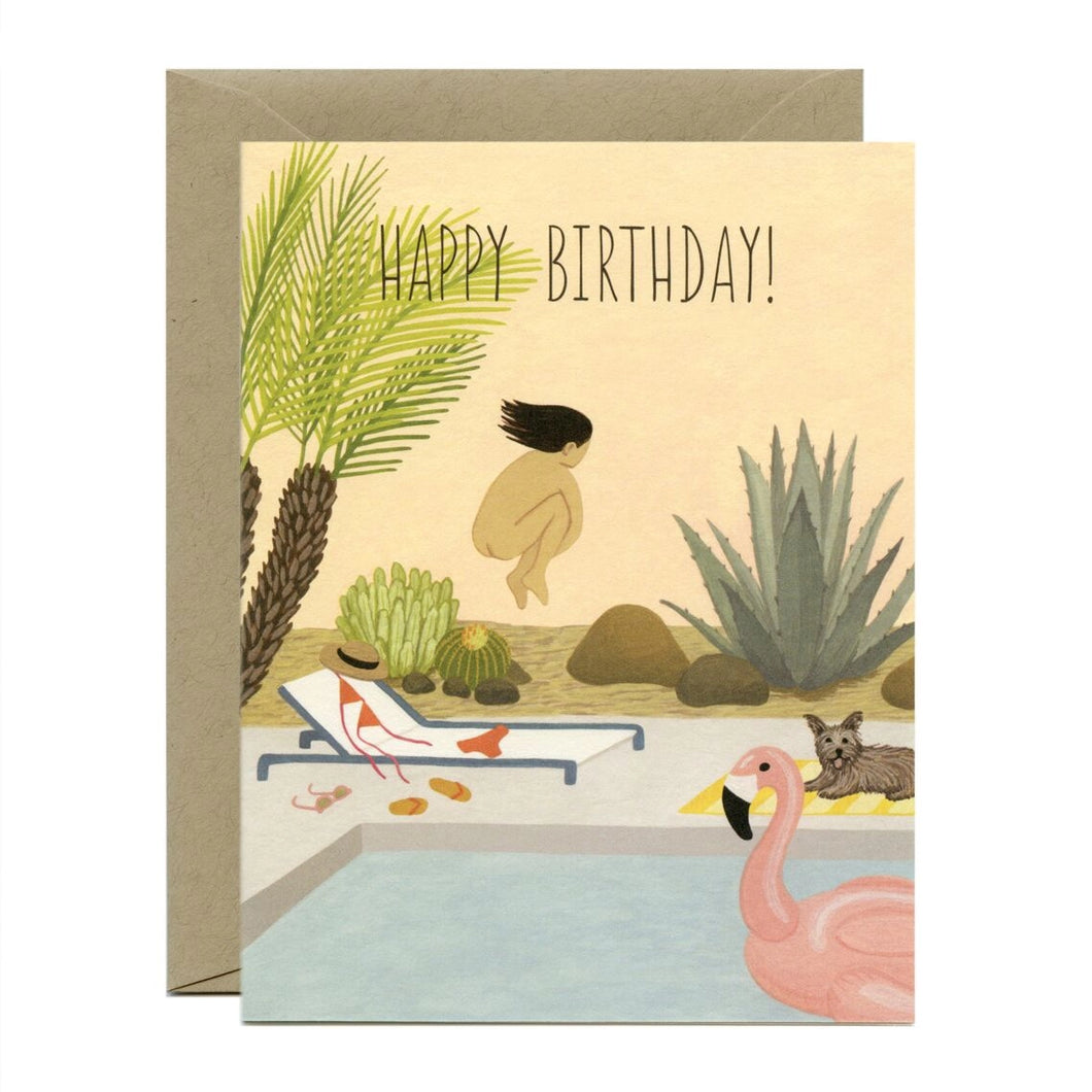 colour illustration of a women tucking and jumping into a swimming pool with palm trees and a large inflatable flamingo in the pool. her bikini is on the lawn chair behind her. text happy birthday 