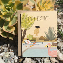 Load image into Gallery viewer, photo of a greeting card with a women jumping into a swimming pool leaving her bathing suit on her lawn chair .
