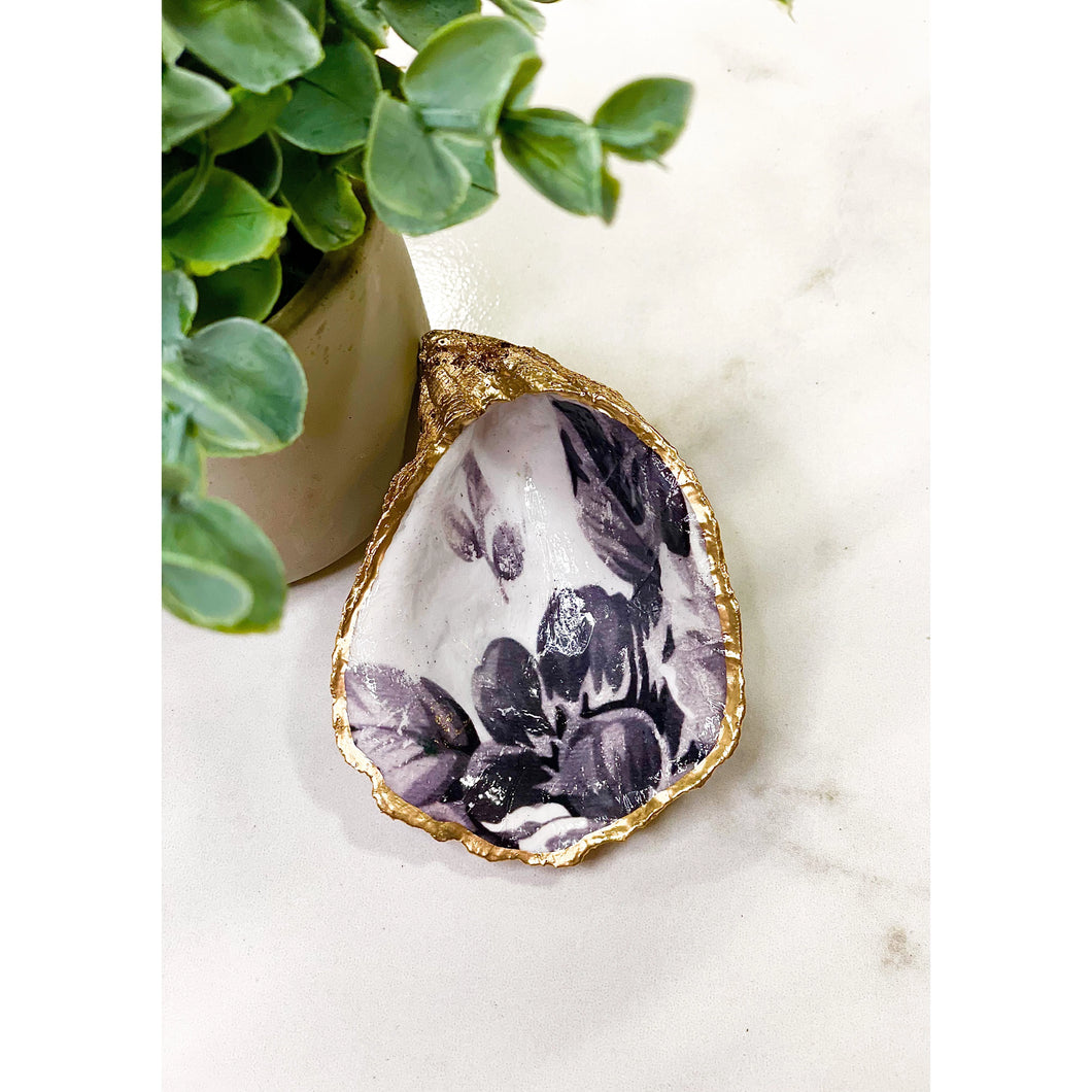 trinket dish - oyster shell - black and white flowers - save 50%