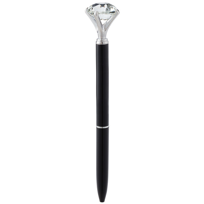 a black pen with silver accent and a large gem like a diamond on the top