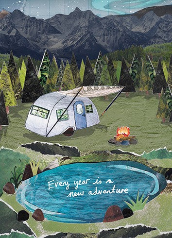 a scene at the mountains at a campsite with a blue pond , a fire, and a trailer with an awning, depicting summer time camping 