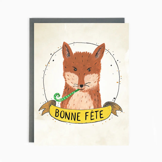 a greeting card with a ref fox blowing a party whistle with text bonne fete