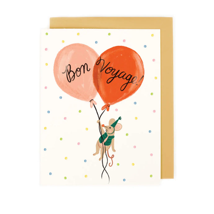 greeeting card with illustration of a little mouse wearing a party hat hanging on to 2 balloons one says bon the other says voyage 