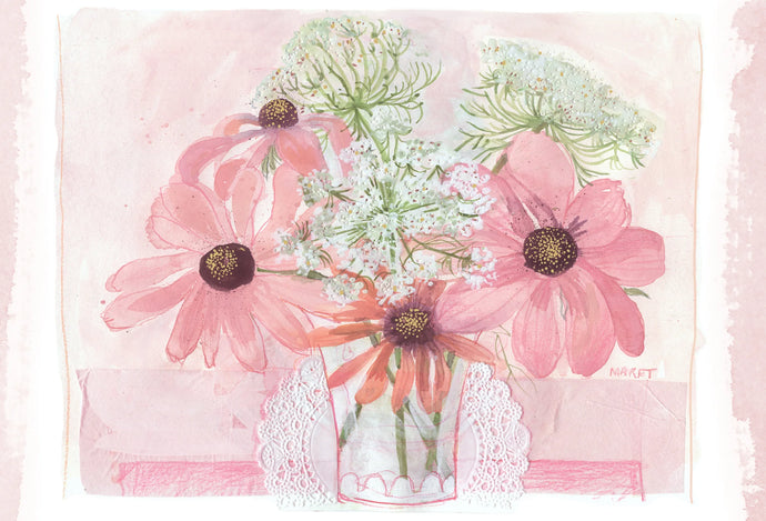 a greeting card with soft pink flowers in a vase . no text 