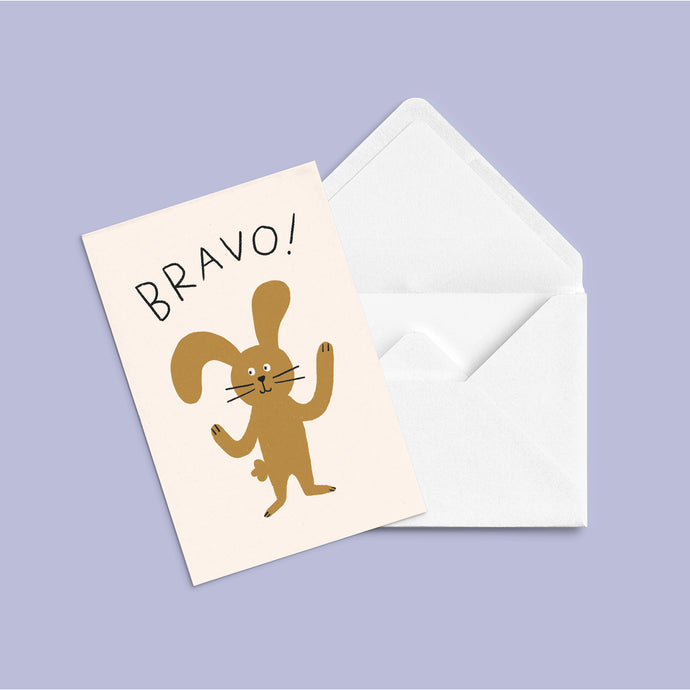 A greeting card with an illustraion of a bunny standing up with text bravo 