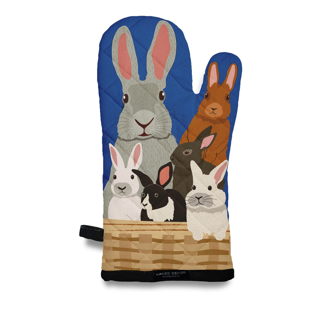 a naked decor oven mitt with six different bunnies and rabbit on it 