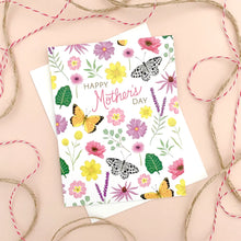 Load image into Gallery viewer, a colour photo of a greeting card with butterflies and flowers with text, happy mother&#39;s day 

