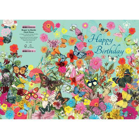 an illustration in multi colours of assorted butterlfies and flowers on a soft mint green background 