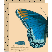 Load image into Gallery viewer, the reverse side of a greeting card pictures a half of a blue butterfly. the other half can be seen on the front of the card
