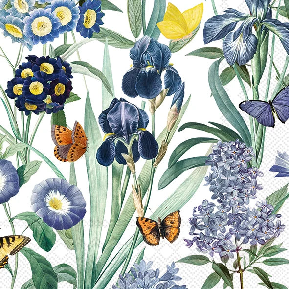 a paper napkin depicting blue coloured flowers and butterflies 