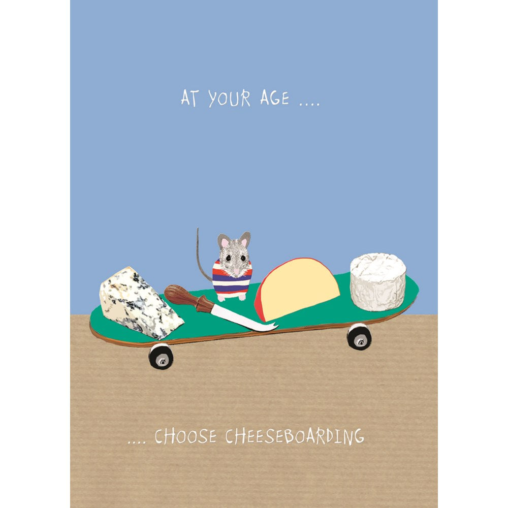 illustration of a mouse on a skateboard with cheeses