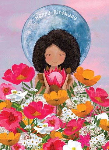 colour illustration of a girl looking into a protea flower amidst flowers orange pink blue