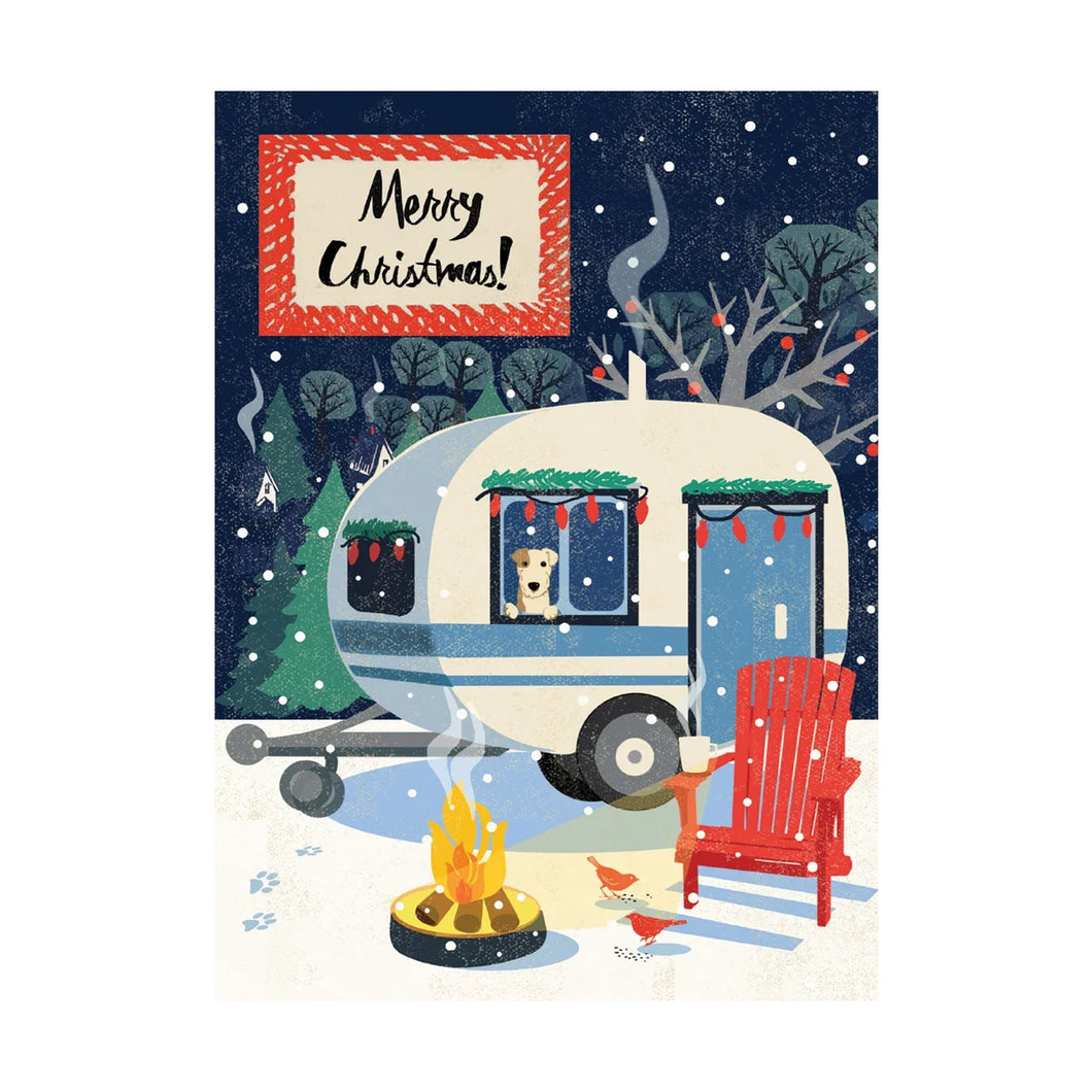 colour illustration of a vintage camper trailer with a little dog peeking out the window to a campfire and red muskoka lawn chair .text merry christmas