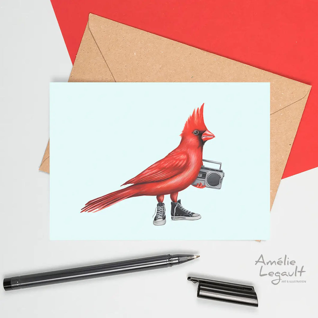 a greeting card depicting a red cardinal bird carrying a music boom box and wearing converse high top sneakers 