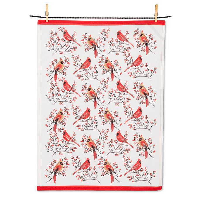 a tea towel kitchen towel with images of red cardinal birds 