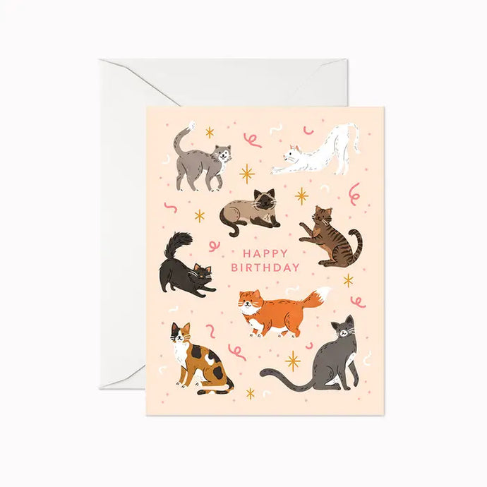 colour illustration of a greeting card covered in cats says happy birthday in text