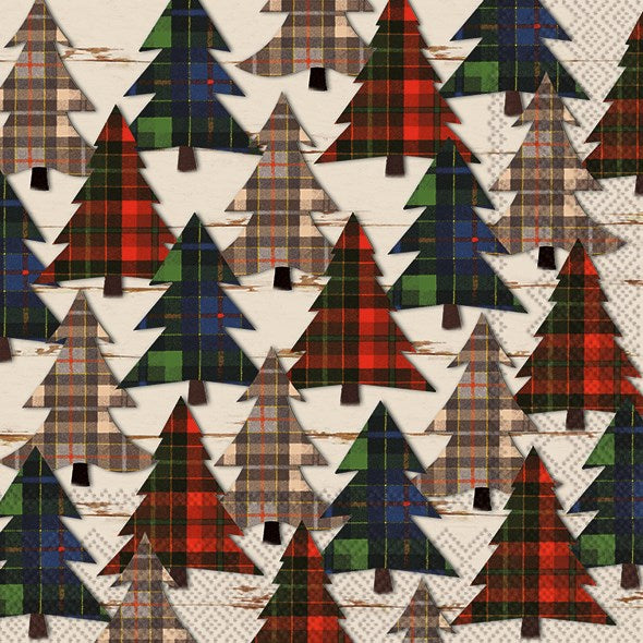 paper napkins covered in pine trees of red green and blue tartan patterns 