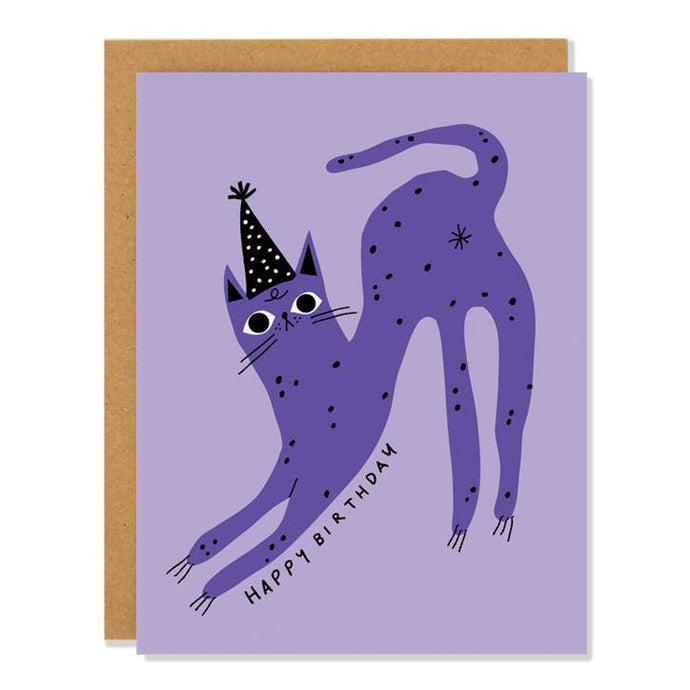 a purple car with an illustration of a purple stretching cat wearing a black with white polka dot party hat, on a brown kraftfenvelope 