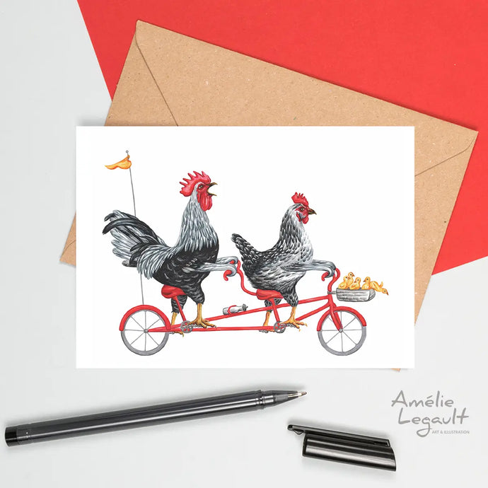 a greeting card depicting two chickens riding a bicycle built for 2 a