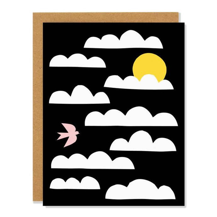 a modern illustration of white clouds with a yellow sun peaking out and a pink dove on a black  background with a kraft envelope 