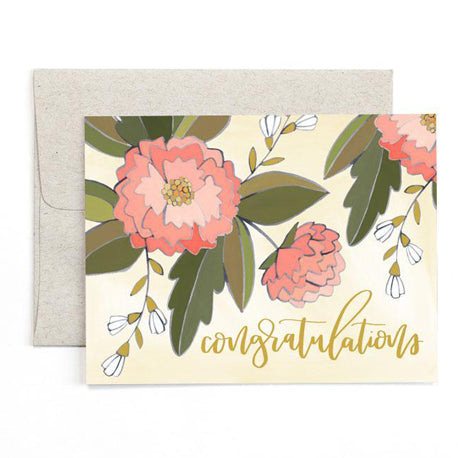 a colour illustration of peach pink flowers with little white accents and large moss green leaves in script congratulations with an off white envelope , light cream yellow background 