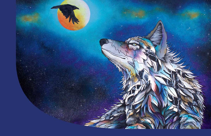 colour illustration of an Indigenous styled wolf with a bird flying across the moon primarily in blue