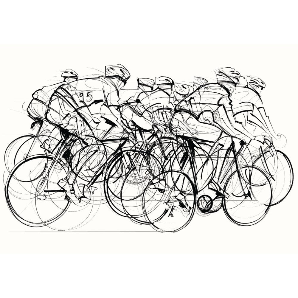 black and white illustration of several cyclists in a pelaton
