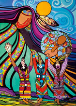 Load image into Gallery viewer, a Indigenous art card with three Indigenous women in foreground raising their arms up to a larger woman in the background with a moon and blue sky in background.all wearing Indigenous regalia and jingle dresses
