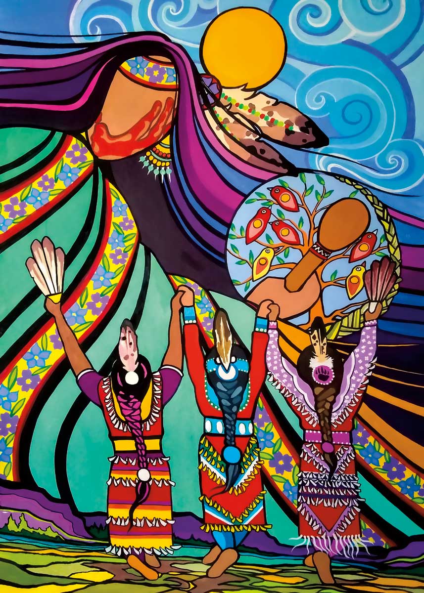 a Indigenous art card with three Indigenous women in foreground raising their arms up to a larger woman in the background with a moon and blue sky in background.all wearing Indigenous regalia and jingle dresses