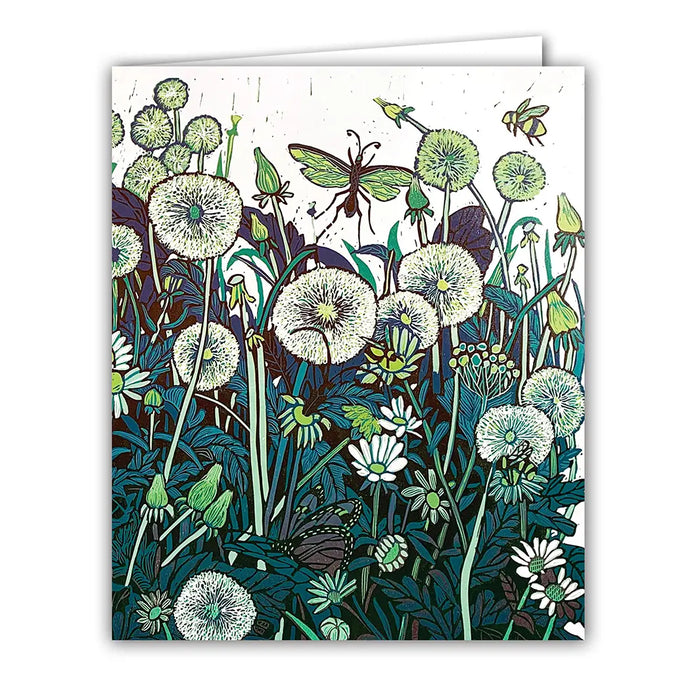 a greeting card with an illustration of several open puffy dandilions in a meadow with butterflies daises and bees primarily in greens 