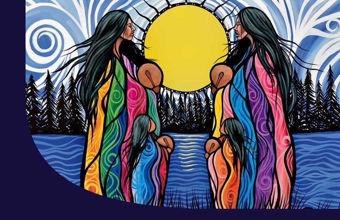 coloufrul Indigenous illustration of two woman and two girls in Indigenous regalia with drums and a large sun in the back ground