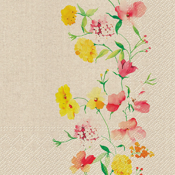 a beige papr napkin with watercolour of flowers 