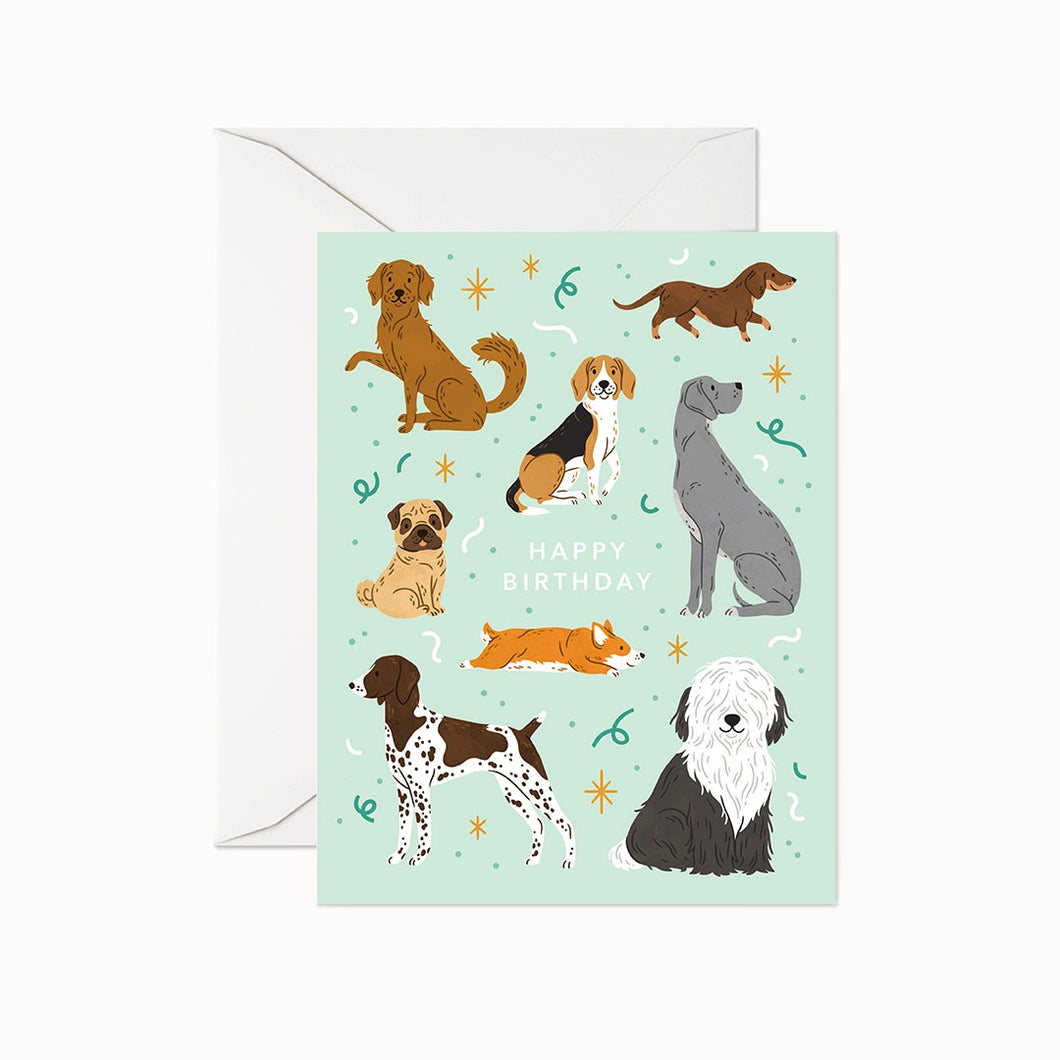 colour illustration of a greeting card covered in dogs with text happy birthday 