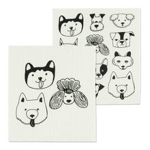 Load image into Gallery viewer, 2 swedish dishcloths one with 3 dog faces in black ink the next all sorts of dogs in black ink on white 
