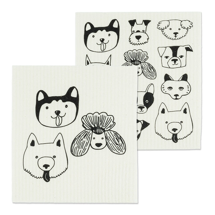 2 swedish dishcloths one with 3 dog faces in black ink the next all sorts of dogs in black ink on white 